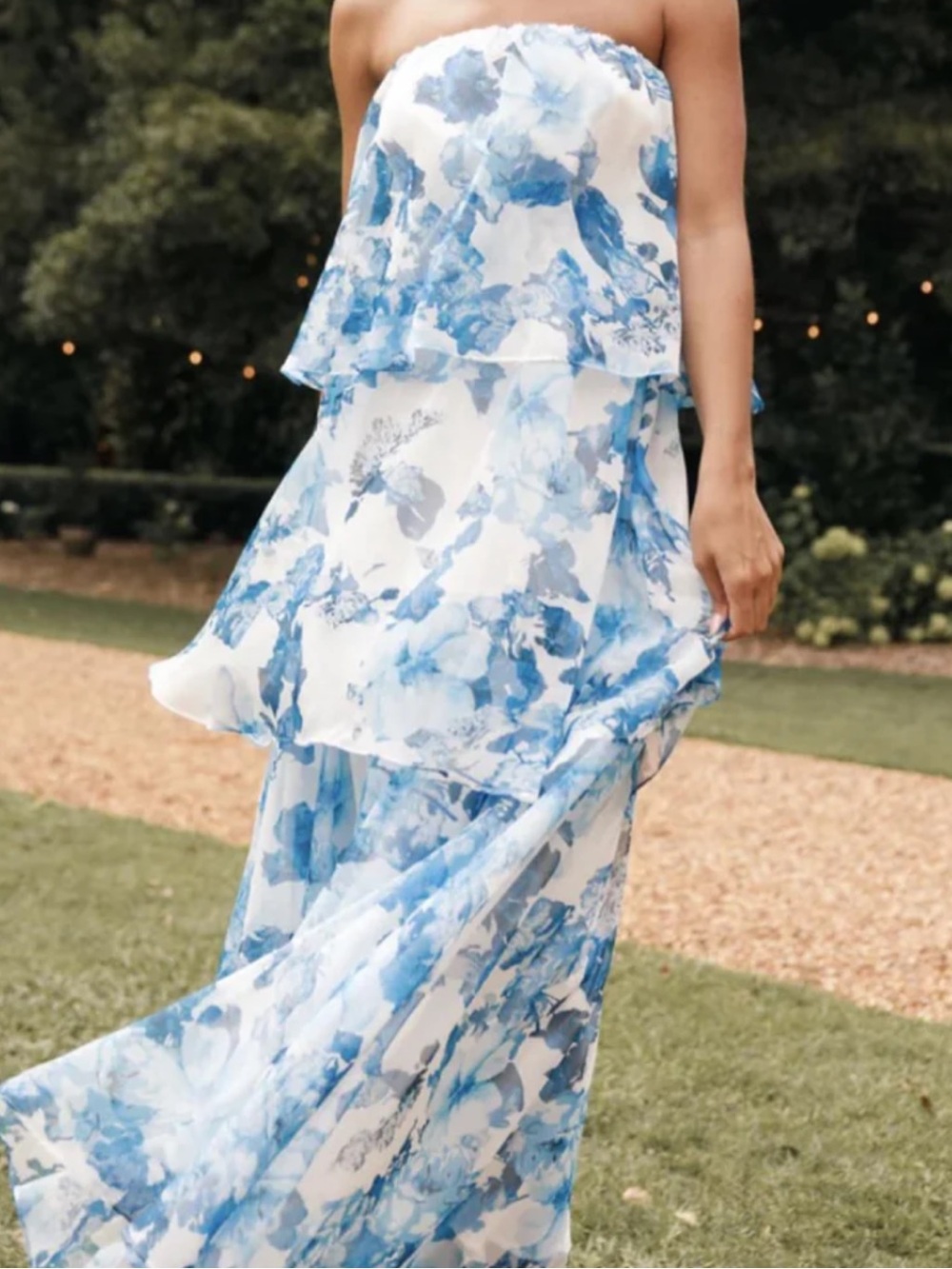 PETAL & PUP BLOOM TIERED BLUE & WHITE FLORAL STRAPLESS & LAYERED LONG DRESS SZ M
